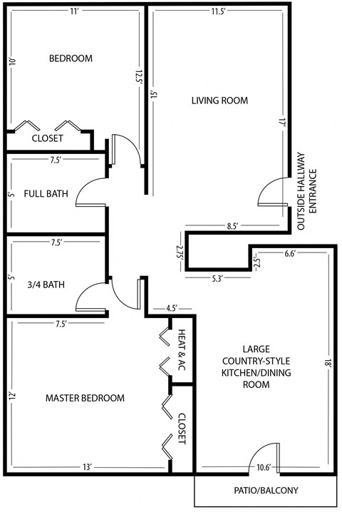 Floor plan for 2 beds, 2 baths, 1085 sqft